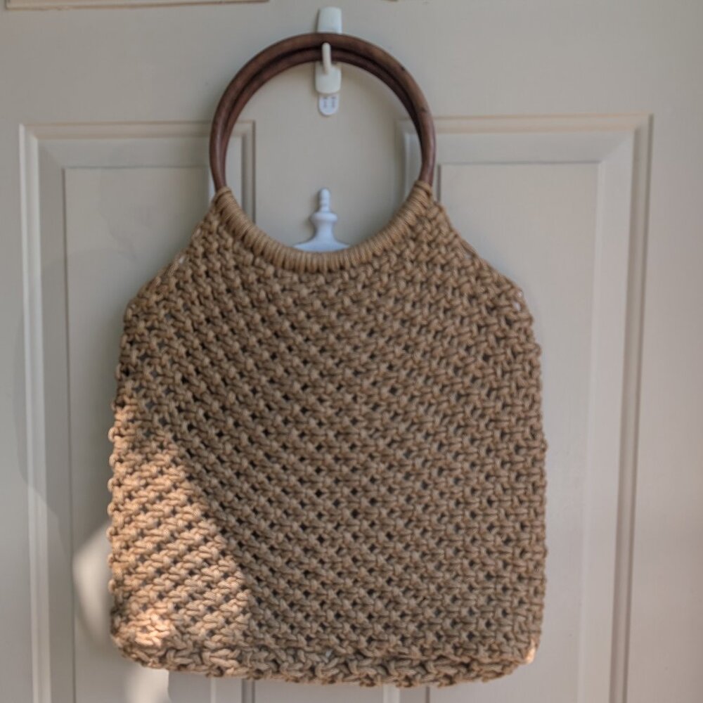 Trina Turk woven jute purse with wooden handles